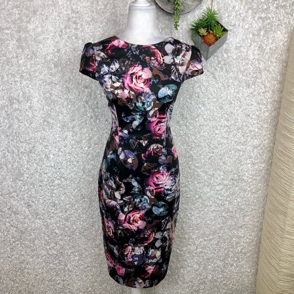 ANTONIO MELANI Black Floral Midi Dress with Pink and Blue Roses